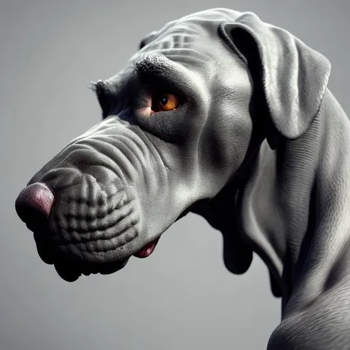 Prompt: Highly realistic side view of a walking grey Great dane, Pixar style, digital art, trending on art station