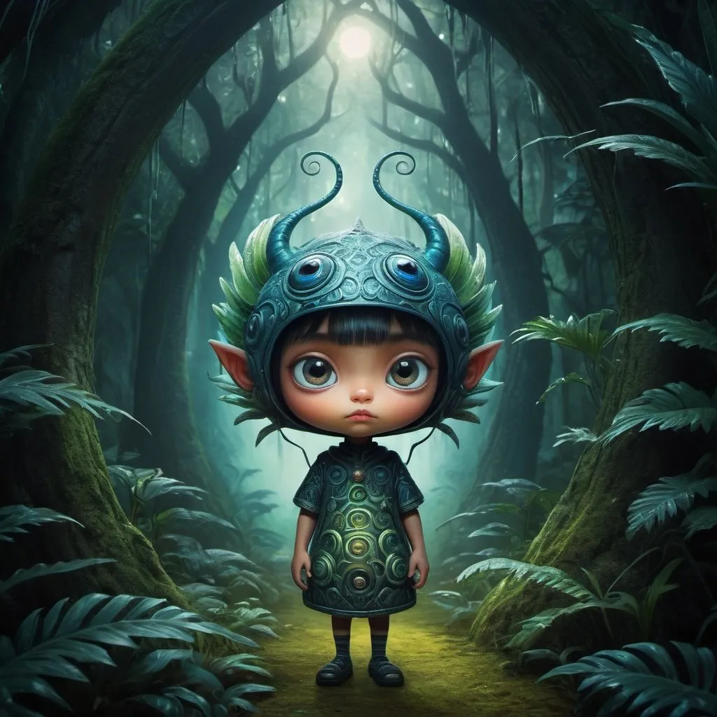 Prompt: 
ultra highly detailed, 

luminism, fluffy mist envelops, the dawn of the race has fallen, cute vivid tiny girl Discover the futuristic vision with our creation,dragon with big eyes,
extremely big sharp glowing eyes, of a  dark tropical alien jungle,



cinematic,

32k,

finnish folklore,

detailed ink,

acrylic,

Kraola,

Nicoletta Ceccoli,

Beeple,

Jeremy Ketner Todd Lockwood,

storybook illustration,

extremely large sharp luminous eyes,

traditional finnish interior,

fairy tale,

storybook,

mystical,

very detailed unusual very detailed,

difficult,

difficult posture,

masterpiece,

high quality,

bright colors,

intricate patterns