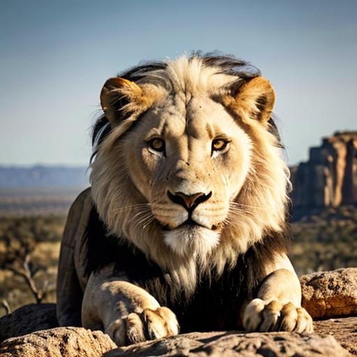 Prompt: Realistic illustration of a majestic white lion, detailed rock formation, African savanna backdrop, high quality, ultra-realistic, detailed fur, intense gaze, rocky terrain, wildlife, very high rock, safari, warm tones, professional, natural lighting, lion in distance, white lion