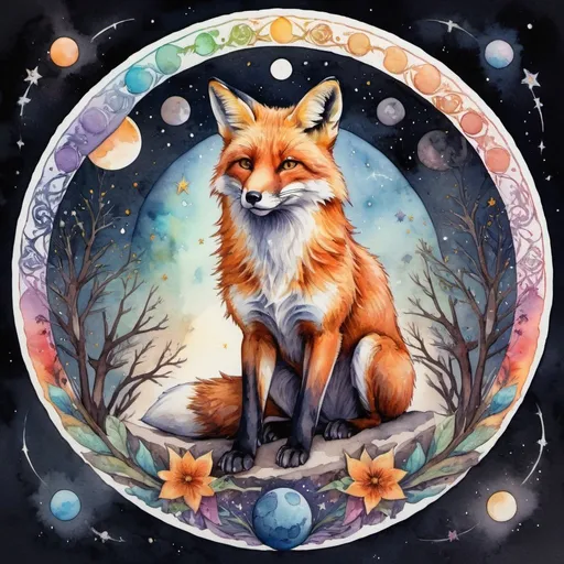 Prompt: mandala effect, fox, a lot of stars, universe, colorful, moon, night, strong color, shamanic, magic, mystic, , Watercolor, trending on artstation, sharp focus, studio photo, intricate details, highly detailed, by greg rutkowski