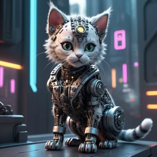 Prompt: Highly detailed kittenpunk scene, hyper-realistic 4K rendering, volumetric lighting, HD quality, futuristic cityscape backdrop, mechanical feline with intricate joints and circuit patterns, cool-toned futuristic atmosphere, detailed fur with lifelike textures, cyberpunk aesthetic, ultra-detailed, volumetric lighting, professional rendering, HD, 4K