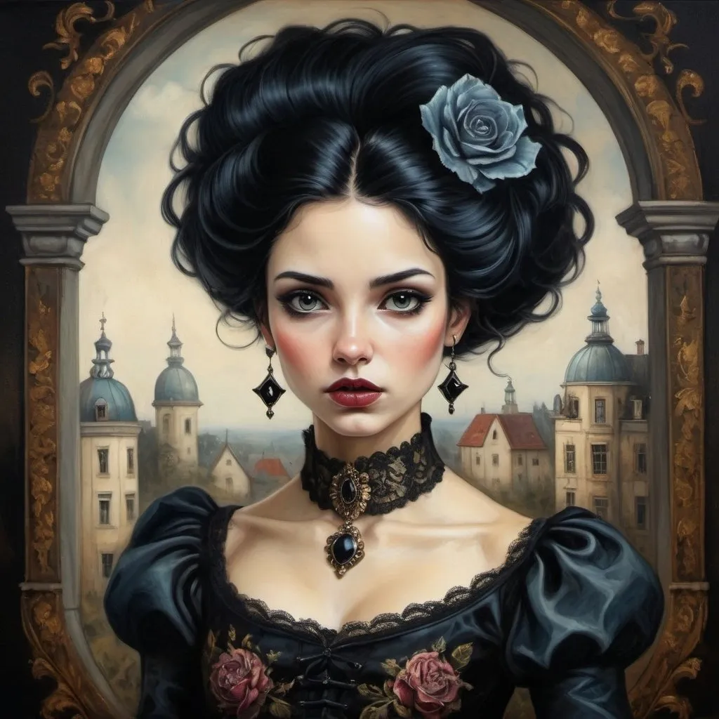 Prompt: young and beautiful noble woman, in the style of esao andrews, baroque, black_hair, gothic
