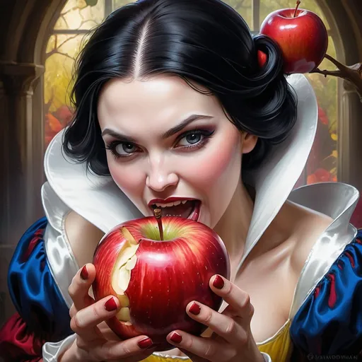Prompt: Snow White as a vampire wickedly biting into an apple by Raymond Swanland :: Anna Dittmann :: Anne Stokes :: Greg Olsen :: photorealistic :: hyperdetailed :: vibrant deep colors