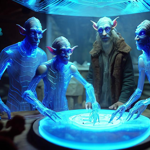 Prompt: double-exposure; glossy blue-skinned (long elven ears:1.0) grizzled goblin scientists, varied expressions; standing around a round table, looking at a 3D transparent holographic projection of a (holographic glowing wireframe goblin character:1.3), transparent, translucent, glowing, holographic, ghost, pellucid floating above a stage, transparent light blue color, Holographic Art; Amazing_unique_creation. Textures. Complementary colors. Creative. Ultra quality. 8k resolution; 8k resolution holographic astral cosmic illustration mixed media; Pablo Amaringo; inside meteorological station, jungly, HUD screens, weather maps; purple_amber_green waxy, detailed, futuristic, photorealistic, maximalist; Makoto Shinkai, J.C. Leyendecker, ilya Kuvshinov, Royo, Karol Bak, Alphonse Mucha, Jordan Grimmer, Greg Rutkowski