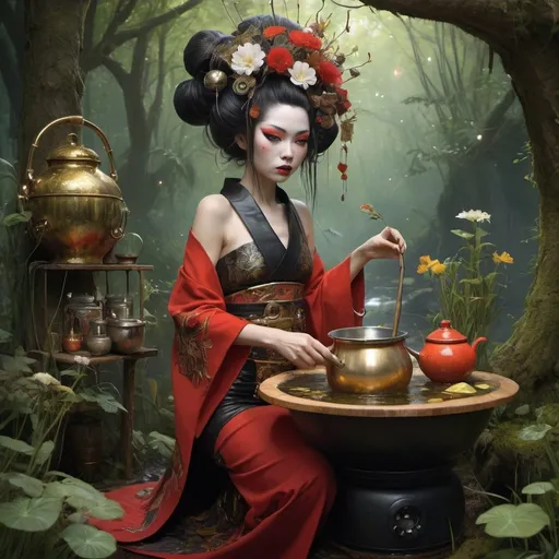 Prompt: art by Ralph Horsley and mandy disher, fantasy Swamp and flowers, biopunk shaman geisha with Gustav Klimt red and black and gold dress, cooking pot, treehouse, surreal Artisanal chair made entirely of local plants flowers and herbs, intricate render, extreme Cabinet of curiosities. extremely detailed. wizard theme, masterpiece, surrealism, exquisite craftsmanship. Jean-Baptiste Monge style, bright, splash, rim lighting, lights, magic, fantasy, digital art, wlop, artgerm and james jean, trending on artstation, sharp focus, studio photo, intricate details, highly detailed, by greg rutkowski