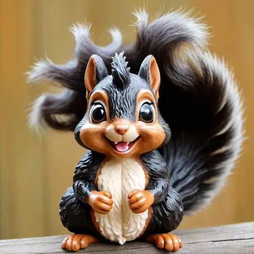 Prompt: Big-eyed cheerful squirrel with black wavy hair