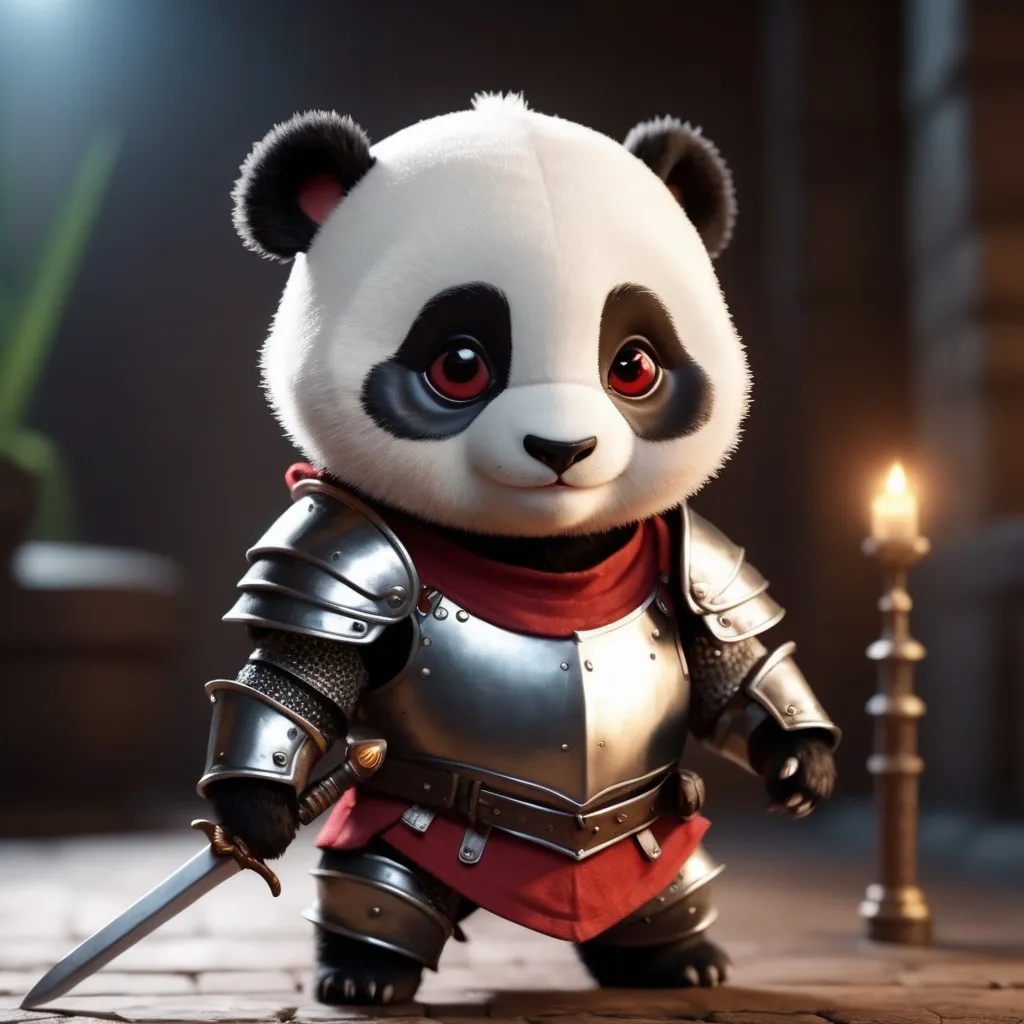 Prompt: Pixar Style, Tiny cute and adorable serious baby panda adventurer dressed in knight armor and sword, with red eyes anthropomorphic , dramatic lighting, 8k, portrait,realistic, fine details, photorealism, cinematic ,intricate details, cinematic lighting, photo realistic 8k