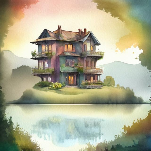 Prompt: strybk, a picture of a beautiful  house with a view of the lake
"A PICTURE like an oil painting", kids story book style, muted colors, watercolor style