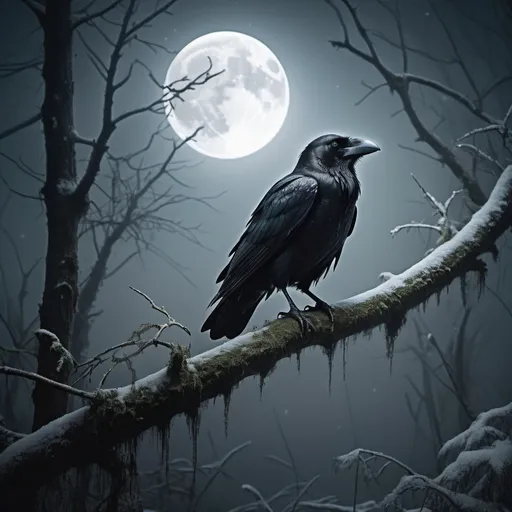 Prompt: an overgrown swamp in a dense forest, snowfall, fog, night, full moon, a raven sitting on a branch., haze, ultra-detailed, film photography, light leaks, Larry Bud Melman, trending on artstation, sharp focus, studio photo, intricate details, highly detailed, by greg rutkowski