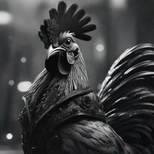 Prompt: goth metaphorical chicken haute couture on a gloomy rainy bumbershoot fashion set , black and white still, digital Art, perfect composition, beautiful detailed intricate insanely detailed octane render trending on artstation, 8 k artistic photography, photorealistic concept art, soft natural volumetric cinematic perfect light, chiaroscuro, award - winning photograph, masterpiece, oil on canvas, raphael, caravaggio, greg rutkowski, beeple, beksinski, giger