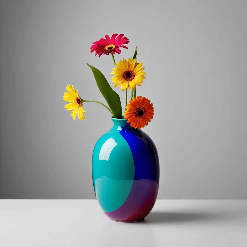 Prompt: Unique and bold colorful vase with one flower in it.