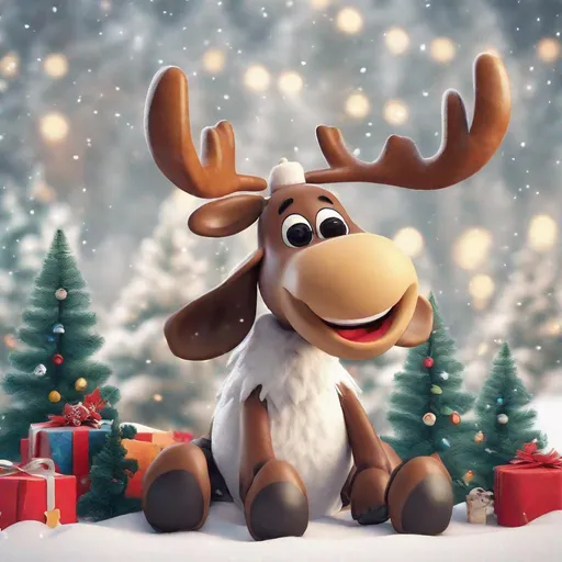 Prompt: Create a photo-realistic image of a cute Pixar-style, smiling moose with Christmas accessories, sitting in the snow. The background should feature a bright and sunny, snowy forest with fir trees adorned with Christmas garlands and decorations. This is for product photography, aiming for a whimsical and playful atmosphere within a sunny environment. It should be a medium shot with natural light, aiming for an ultra-realistic look.