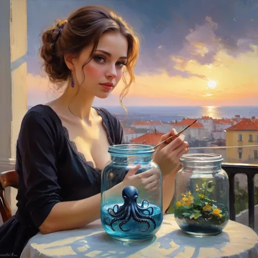 Prompt: (Painting )Galaxy Environment, Moody, Little Octopus in a Magic Jar of Unviable Dream, 8K, Vivid, Ultra Detail | | | | | | |, Color lighting, Surreal photography, portrait(, painting in the style ( (Konstantin Razumov)), Konstantin Razumov, Eduard Leon Cortes, Garmash, Mikhail Garmash, Vladimir Volegov, Volegov, On the terrace, Mikhail Garmash and, based on Mikhail Garmash, Style Pino Daeni)