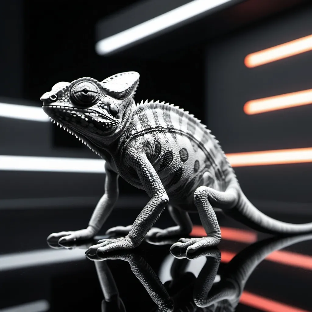 Prompt: small chameleon, metallic and sleek design, futuristic sci-fi style, intense black and white color scheme, sparkling neon lights, miniature scale, highres, ultra-detailed, sci-fi, futuristic, metallic sheen, intense color scheme, miniature scale, neon lights, detailed design, professional, atmospheric lighting