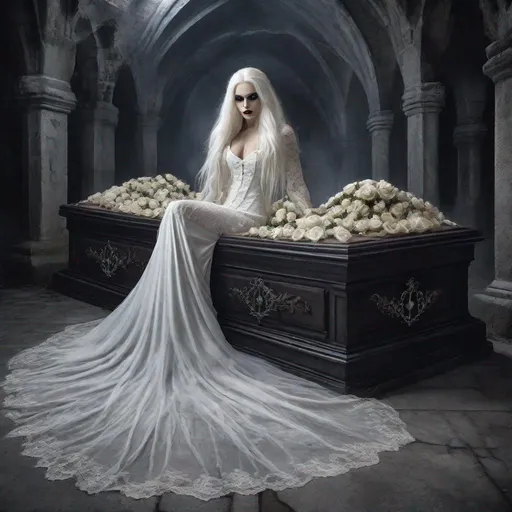 Prompt: vampire bride with long white hair, wearing a bridal white lace dress, rising from her coffin in a spooky crypt, style of Anne Stokes