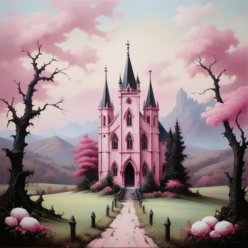 Prompt: Gothic style painting with pink and white with landscapes 