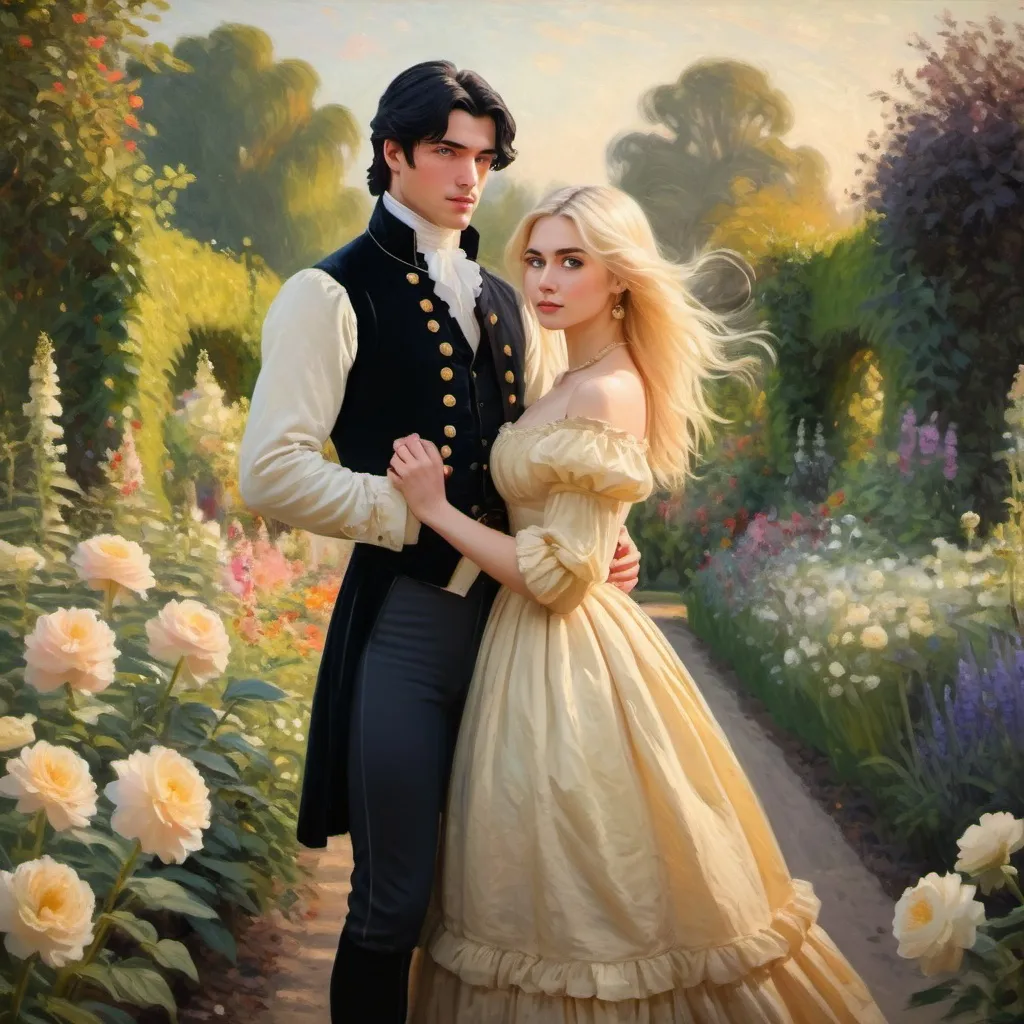 Prompt: handsome English duke with black hair, beautiful girl with blonde hair, standing in a flower garden, regency era, impressionist painting, inspired by Monet, romantic lighting, golden hour