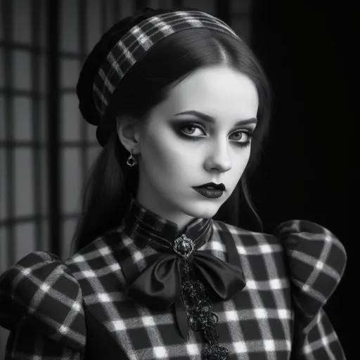 Prompt: photonegative refractograph beautiful gothic girl in tartan haute couture 