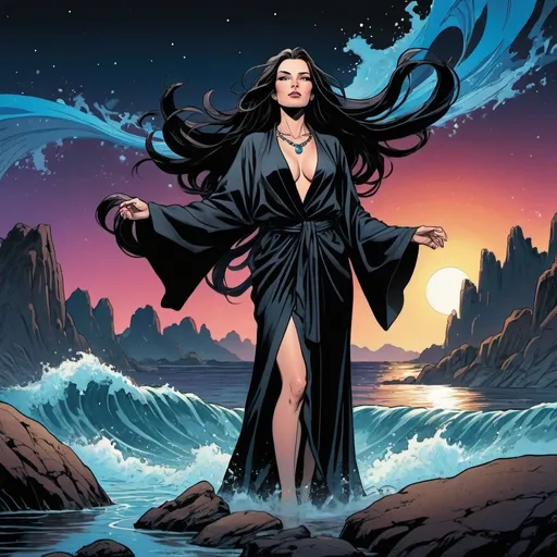 Prompt: A 35-year-old woman in exquisite black robe standing on a rock , very long and extreme straight hair , neclace , waves , water , looking to camera,  night sky , vibrant comic book illustration, high quality, graphic novel, dynamic pose, flowing fabric, detailed background, vibrant colors, atmospheric lighting