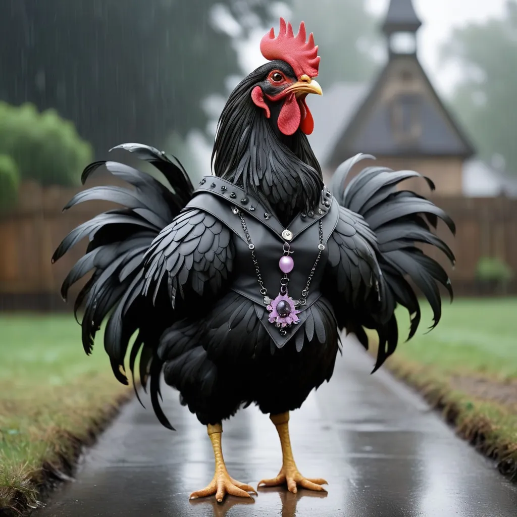 Prompt: goth metaphorical chicken haute couture on a gloomy rainy bumbershoot fashion set 