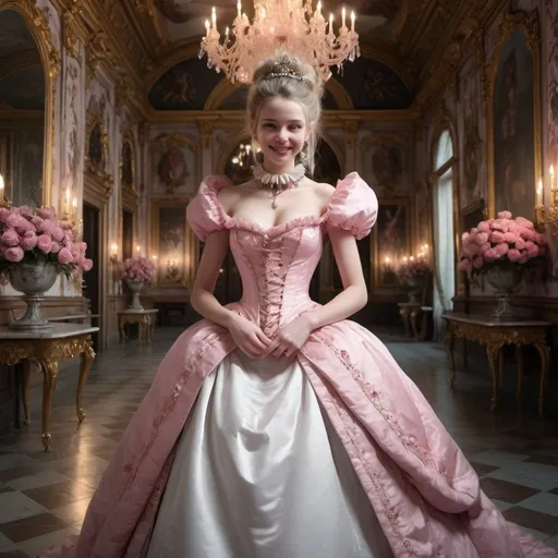 Prompt: princess girl at a ball in the Rococo hall, dress half pink, half white, studded collar, small details, smiling, huge fangs, radiance, flowers, cracks, thorns, full length, slightly at a distance, volume, guro, anatomy, hyper realistic , nightmare aesthetics, horroblood style,  reality, symbiosis, hybrid, abstraction, deep rendering, professional photography, cinematography, full detail, elaboration of hands and fingers