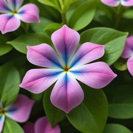 Prompt: A unique vinca flower petal with alien's head in middle, this whimsical and imaginative design adds a touch of fun and creativity to the natural beauty of the vinca flower petal.