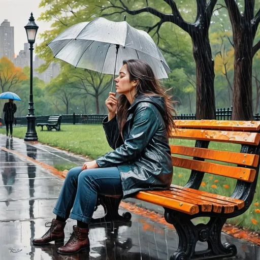 Prompt: a beautiful colorful story about woman, who sits in the rain on a bench in Central Park, leaning back and throwing her head back. Intricate and impressive illustration, Anatomically correct, oil on canvas with large brushstrokes, drops of ink, clear lines, sharp strokes, verbatim, vivid colors, masterpiece, perfect composition Rovina Cai color pen and ink drawing  
