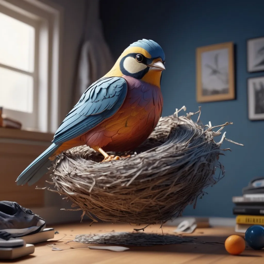 Prompt: Extremely realistic bird. In a sweatshirt, jeans and sneakers. Making a nest. Volumetric lighting, maximalist photo illustrations, 8K concept art, meticulously detailed, complex, expansive, fantastical.