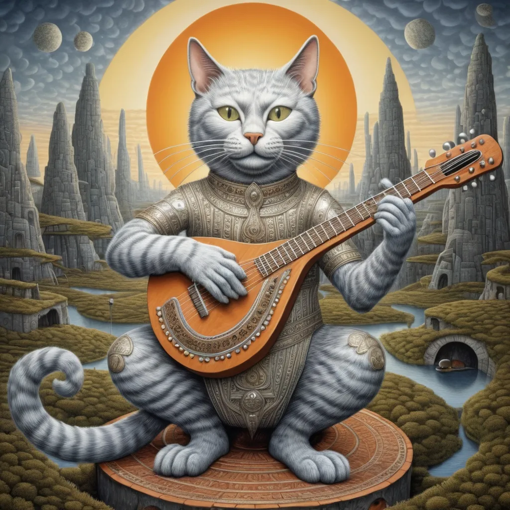 Prompt: giant silver cat playing a sitar, widescreen view, infinity vanishing point, in the style of Jacek Yerka