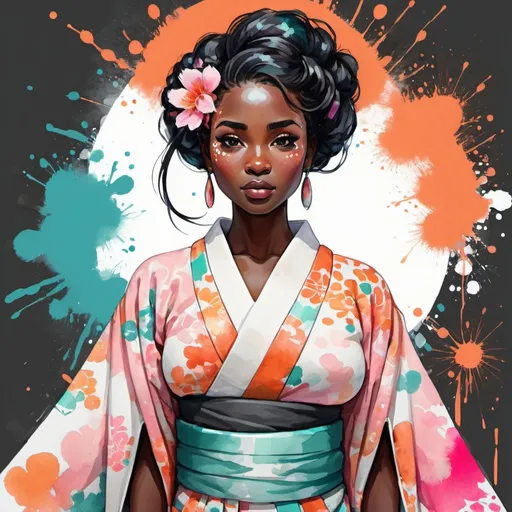 Prompt: A gorgeous, stunning body, woman wearing an intricate kimono, digital watercolor painting,  paint splatter, bold brush strokes, dark skin, bright colors on white background, teal orange pink black white color pallette, symmetrical, adorable, cute, Pixar style painting, art nouveau