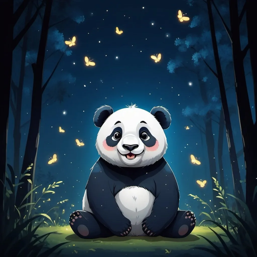 Prompt: A happy panda looking at the fireflies around her, dark blue style