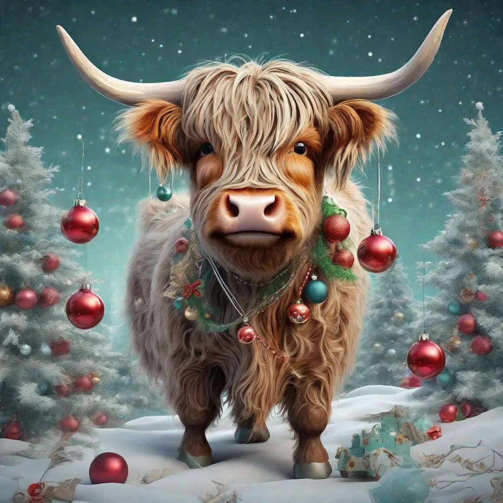 Prompt: whimsical christmas farm and Super detailed very intricate beautiful cute whimsical scottish highland cattle wearing Christmas decorations with Christmas background, muted colors. intricate extremely detailed hyperdetailed Diego Gisbert Llorens fantasy