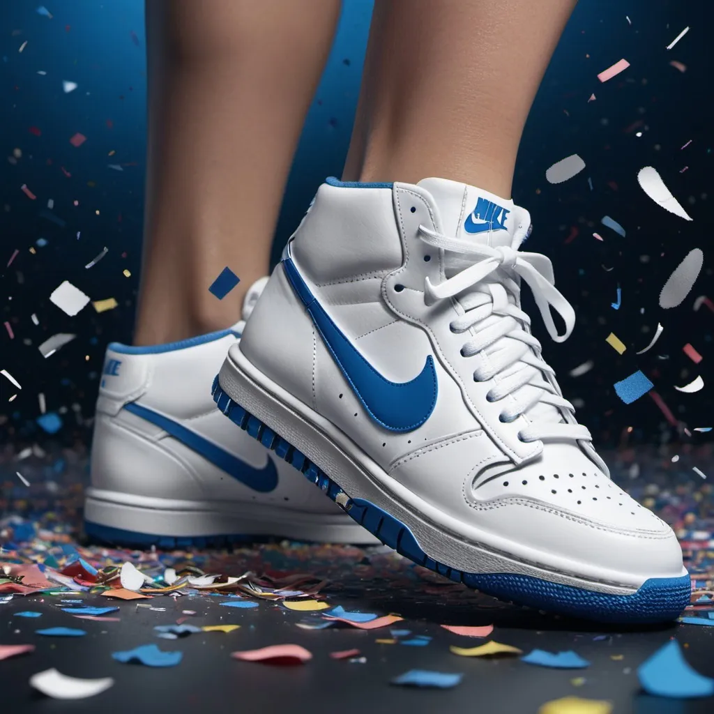 Prompt: (((Nike))),(((white))),(((👟blue,))), confetti, night,, trending on artstation, sharp focus, studio photo, intricate details, highly detailed, by greg rutkowski