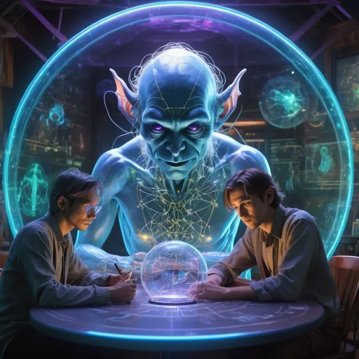 Prompt: double-exposure; glossy blue-skinned (long elven ears:1.0) grizzled goblin scientists, varied expressions; standing around a round table, looking at a 3D transparent holographic projection of a (holographic glowing wireframe goblin character:1.3), transparent, translucent, glowing, holographic, ghost, pellucid floating above a stage, transparent light blue color, Holographic Art; Amazing_unique_creation. Textures. Complementary colors. Creative. Ultra quality. 8k resolution; 8k resolution holographic astral cosmic illustration mixed media; Pablo Amaringo; inside meteorological station, jungly, HUD screens, weather maps; purple_amber_green waxy, detailed, futuristic, photorealistic, maximalist; Makoto Shinkai, J.C. Leyendecker, ilya Kuvshinov, Royo, Karol Bak, Alphonse Mucha, Jordan Grimmer, Greg Rutkowski