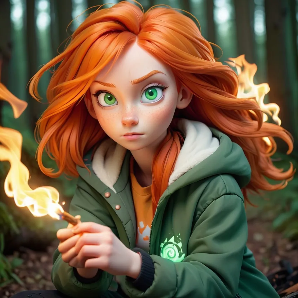 Prompt: Orange haired girl, white skin, green eyes, creating magical fire, staring at the camera, cute, cartoonis, wearing a jacket