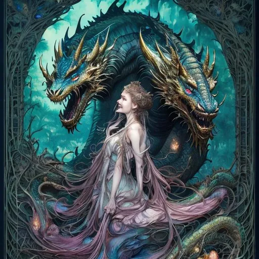 Prompt: the cheshire princess has found her smile and she has a dragon protector. Mythical creatures background forest. Android Jones, James Jean, takato yamamoto, Arthur Rackham. watercolor, volumetric lighting, maximalist, concept art, intricately detailed, elegant, expansive, 32k, fantastical, golden ratio principles, haunted, glass sculpture, honeycomb patterns, art by makoto shinkai, conrad roset. 3d, iridescent watercolors ink, polished finish, gradient chrome colors.