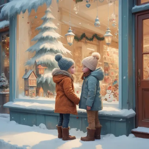 Prompt: 

side view  of two 5 years old children, They both stand outside  of a toy store and look  into the window of the store, the store is festive decorated, winter in a little village,vintage art, half body, 
style by Kajenna+Anna Dittmann+Alex Prihodko,
soft color palette, 
storybook illustration, smudge, Jean-Baptiste Monge style,  splash, big perfect eyes, Glittering, cute and adorable, filigree, , rim lighting, lights, extremely fluffy, magic, surreal, fantasy, digital art, wlop, artgerm and james jean