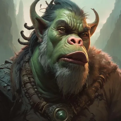 Prompt: portrait of a green mountain orc, looking at camera, d & d, savage warrior, fur attire, aztec hair, pig noses, intricate, fantasy, extremely detailed, digital painting, artstation, concept art, smooth, sharp focus, illustration, ambient lighting, art by artgerm and greg rutkowski and alphonse mucha and simon stalenhag