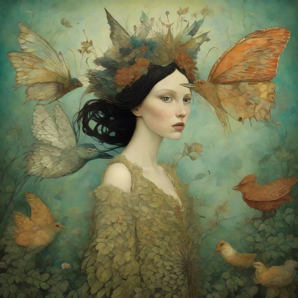 Prompt: Faery  Queene Peruvian arpillera Oxana dobrovolska victo ngai henry rousseau Vladimir kush peregrine heathcoate catrin welz-stein Andrea kurti Andrea kowch 