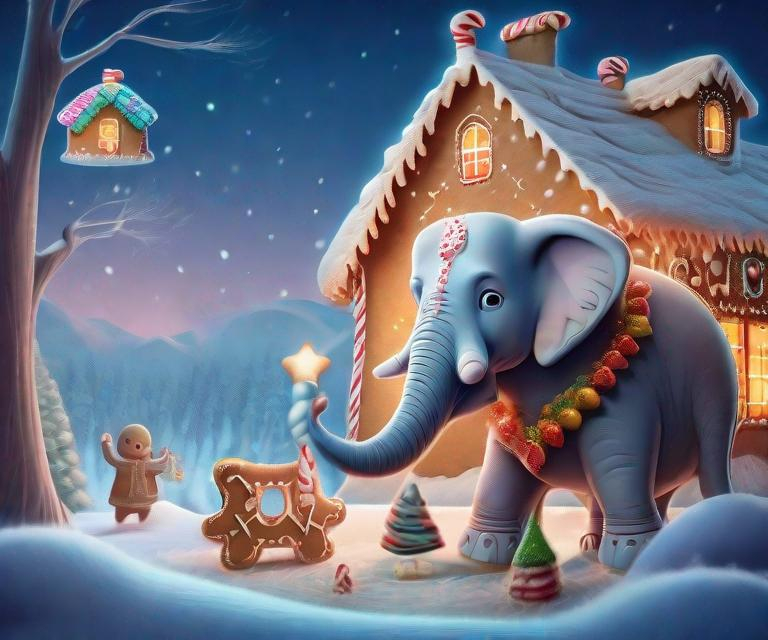 Prompt:  a heartwarming picture of the elephant, its eyes filled with wonder, exploring a cozy gingerbread village with talking gingerbread houses and cheerful reindeer in a magical, winter landscape, Mysterious
