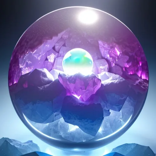 Prompt: Fluffy cute crystal ball glowing with magical energys and oozing with fluffs, background crystal cave,