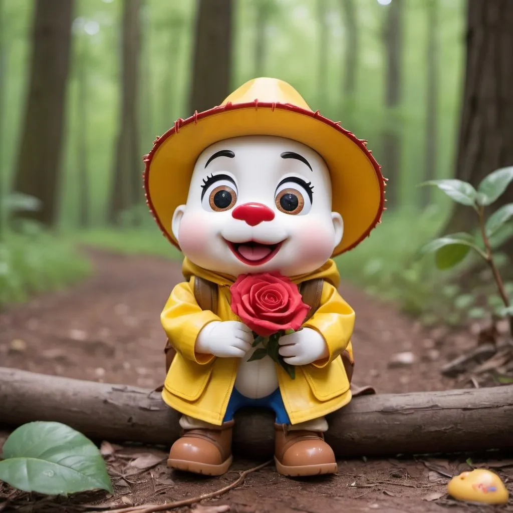 Prompt: toy story,  cute, adorable, squeirrel , white face,  backpack on, sitting on a long in the forest, looking forward,  thankful,excited, happy, holding a beautiful bloomed  rose,  yellow raincoat and rubber duck hat on