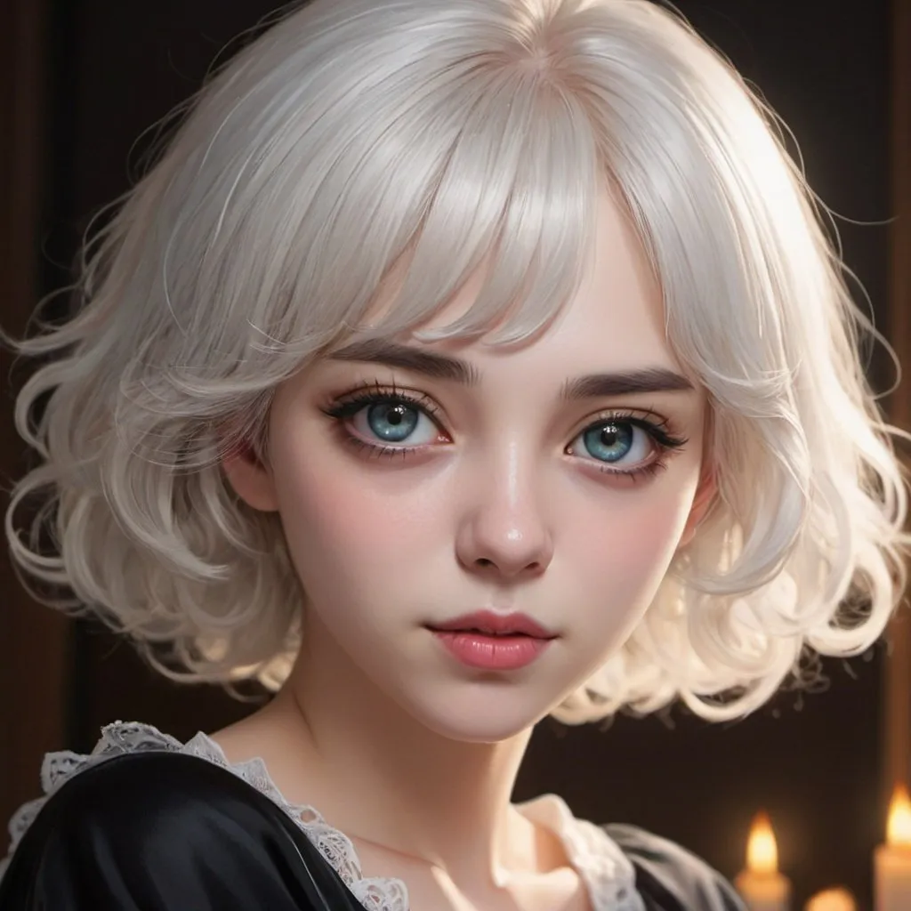 Prompt: (masterpiece, illustration, best quality:1.2), short trimmed white hair, devilish eyes, wearing black nightgown, best quality face, best quality, best quality skin, best quality eyes, best quality lips, ultra-detailed eyes, ultra-detailed hair, ultra-detailed, illustration, colorful, soft glow, 1 girl