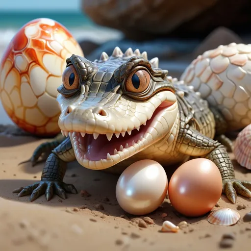 Prompt: newborn crocodile hatchlings hatching from an egg on the ground, gorgeous dazzling pearl, beautiful close-up of their eyes, seashore in the background, seashells, tail in attack position, next to a rock, earthy background, 8k, Digital Art by Lily, ultra hd , realistic, vibrant colors, highly detailed, UHD artwork, pen and ink, perfect composition, beautiful, detailed, intricate, incredibly detailed octane rendering trending on artstation, 8k artistic photography, photorealistic concept art, soft, natural volumetric cinematics perfect light, ultra hd, realistic, vivid colors, highly detailed, UHD drawing, pen and ink, perfect composition, beautiful detailed intricate insanely detailed octane render trending on artstation, 8k artistic photography, photorealistic concept art, soft natural volumetric cinematic perfect light