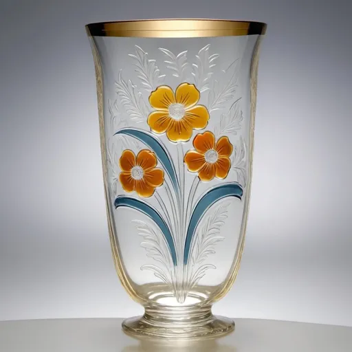 Prompt: Engraved blown glass flowers in vase with gold rim, light colors, art deco style"