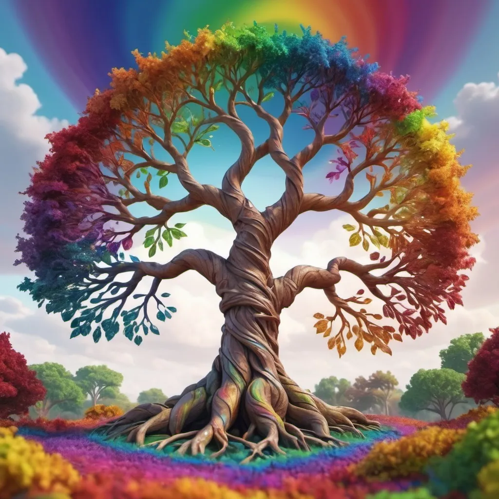 Prompt: colorful gnarled tree of life, spiral colors in the background, rainbow leaves, hyper-detailed, photorealistic 8k max