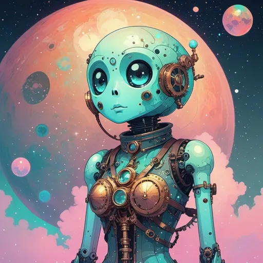 Prompt: Steampunk Kodama of Space, Celestial Observatory, Pixel Art in Conrad Roset style, Holographic, Hazy, trending on deviantart, Complimentary-Colors