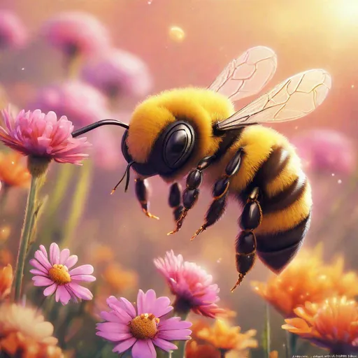 Prompt: 
character design for a cute bee:

In a sun-kissed meadow, amidst a tapestry of wildflowers, lived a bee, Nina, a spirited little bee with golden stripes and a heart full of curiosity. One bright morning, as the sun painted the sky in hues of orange and pink, Albina Nina felt an adventurous buzz in her wings.

, Miki Asai Macro photography, close-up, hyper detailed, trending on artstation, sharp focus, studio photo, intricate details, highly detailed, by greg rutkowski