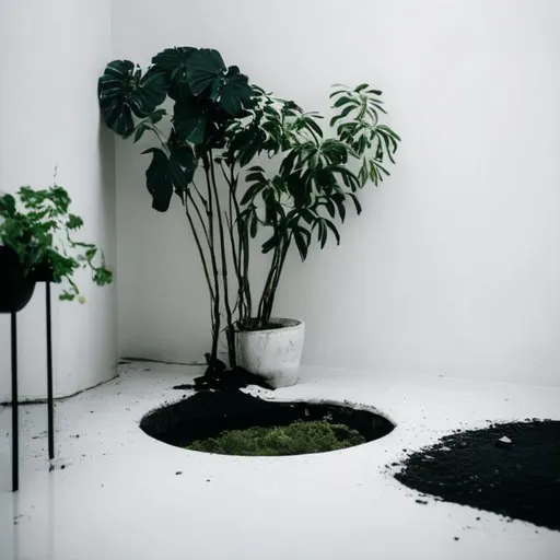 Prompt: a completely white and cold minimalist decor, a man dressed in black leans over a hole in the ground he holds in his hands, a green plant there is water all around him