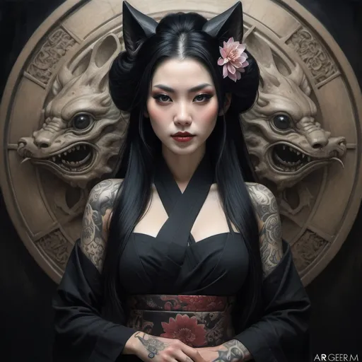 Prompt: analog style, analog style, analog style, analog style,
geisha kitsune, sensual,
long black hair, (looking into camera), 
dim smile, 
((perfect face)),
tatoo, perfect arms,
wearing black delicate dress, 


full shot, 
symmetrical, 
ultra-high detail, 
rich colors, 
shade,  gothic,

by artgerm, 
h. r. giger and beksinski,
Unreal 5, 
hyperrealistic, 

fantasy art, Watercolor, trending on artstation, sharp focus, (studio photo), intricate details, highly detailed, (soft light), fade